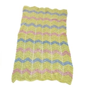 Vtg Hand Crocheted Pink Blue Yellow Infant Crib Afghan Size Length 49" Width 30"